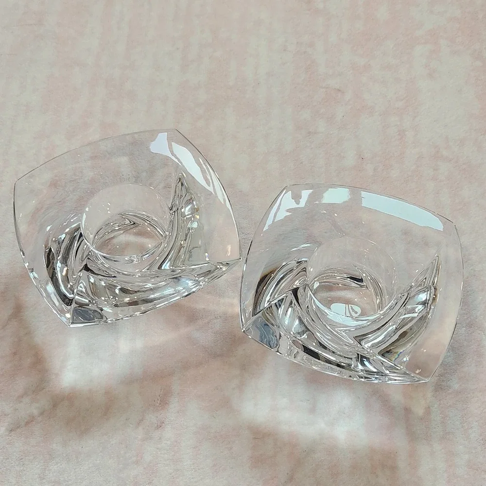 Nambe Crystal Square Swirl Taper Candle Holders Set of 2‎ Clear Glass MCM Style